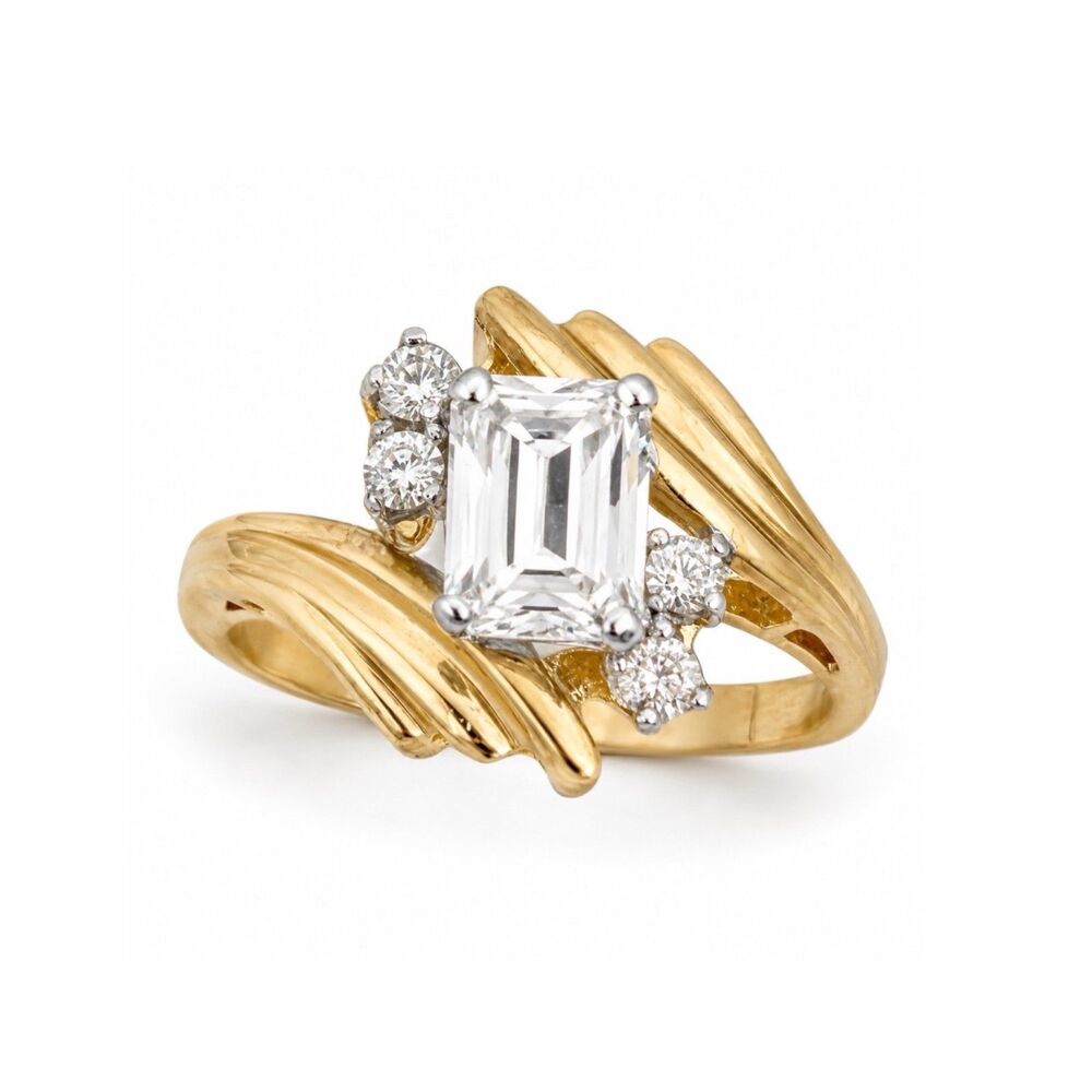 Vintage 1970s Ring Size 5 CZ Emerald Cut Solitaire Bypass Gold Plated - 14R